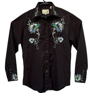 Vintage Roper Men's Black Green Blue Western Embroidered Floral Pearl Snap Shirt